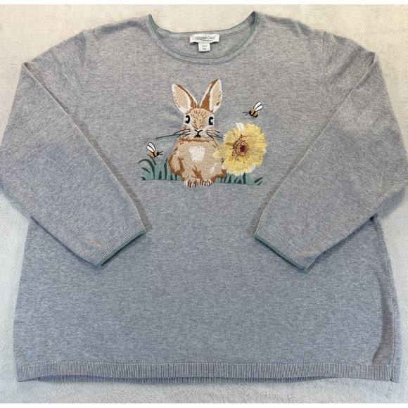 Coldwater Creek Sweaters - Coldwater Creek Grey Bunny Cotton XLP Sweater Embroidered Easter Grandmacore